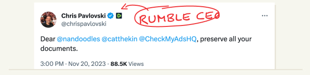 A tweet from Rumble's CEO